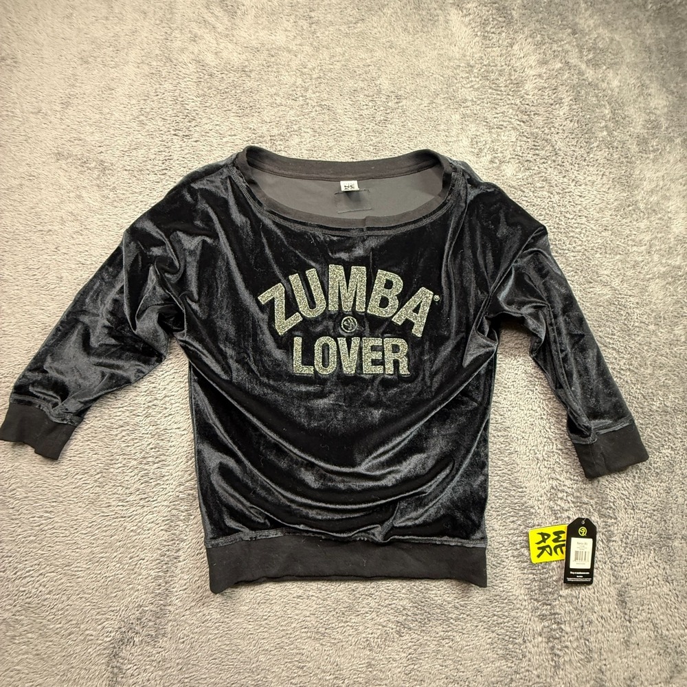 Zumba WE AR Spicy Zumba Lover Velour Sweater Top Black NWT Womens S Pullover